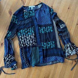 Derek Lam Patchwork Boho Blouse Top Blue and Black